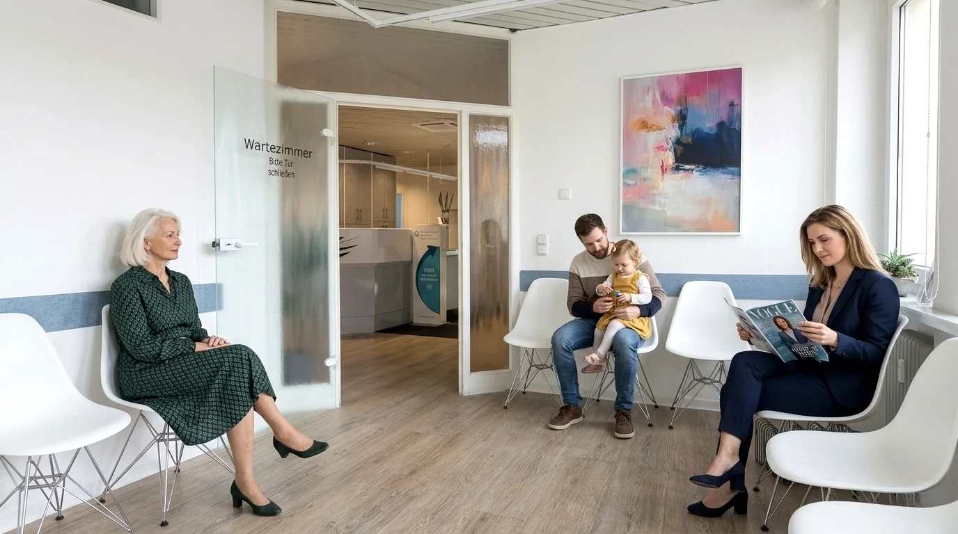 Wartezimmer der HautarztPraxis Hannover mit Patientinnen und Patienten